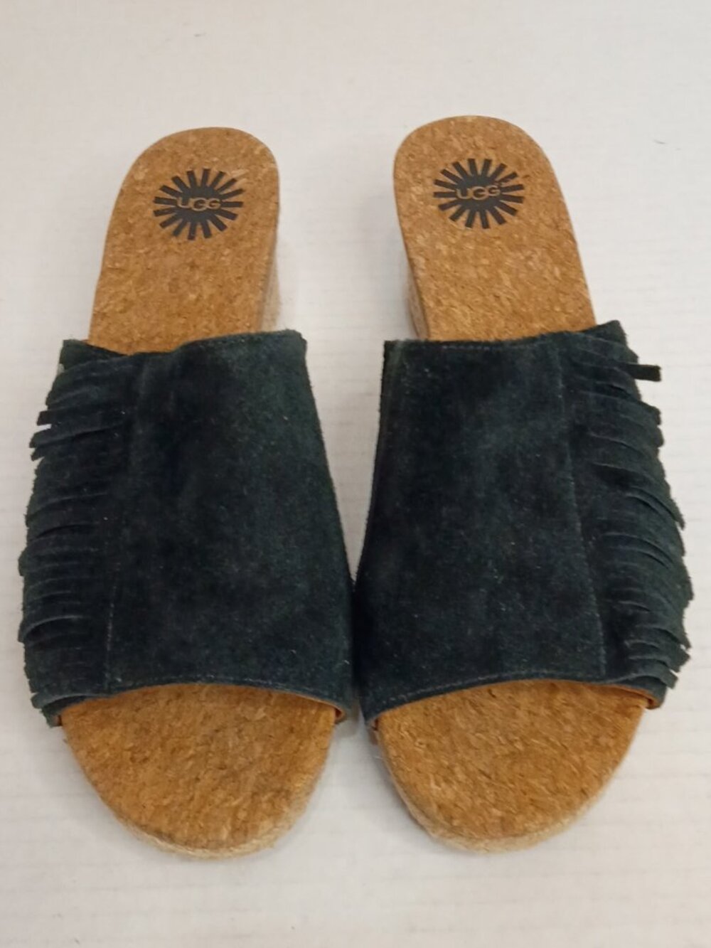 UGG Danes Black Suede Fringe Espadrille Wedge Slides Women’s Size 7